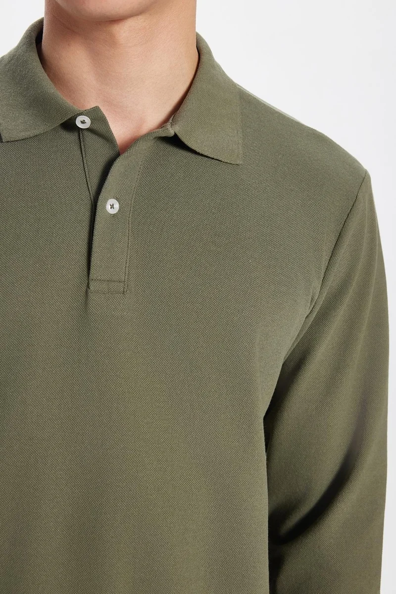 Tudors Men's Standard Fit Relaxed Cut Cotton Soft Texture Plain Pique Long Sleeve Khaki Polo Neck T-Shirt