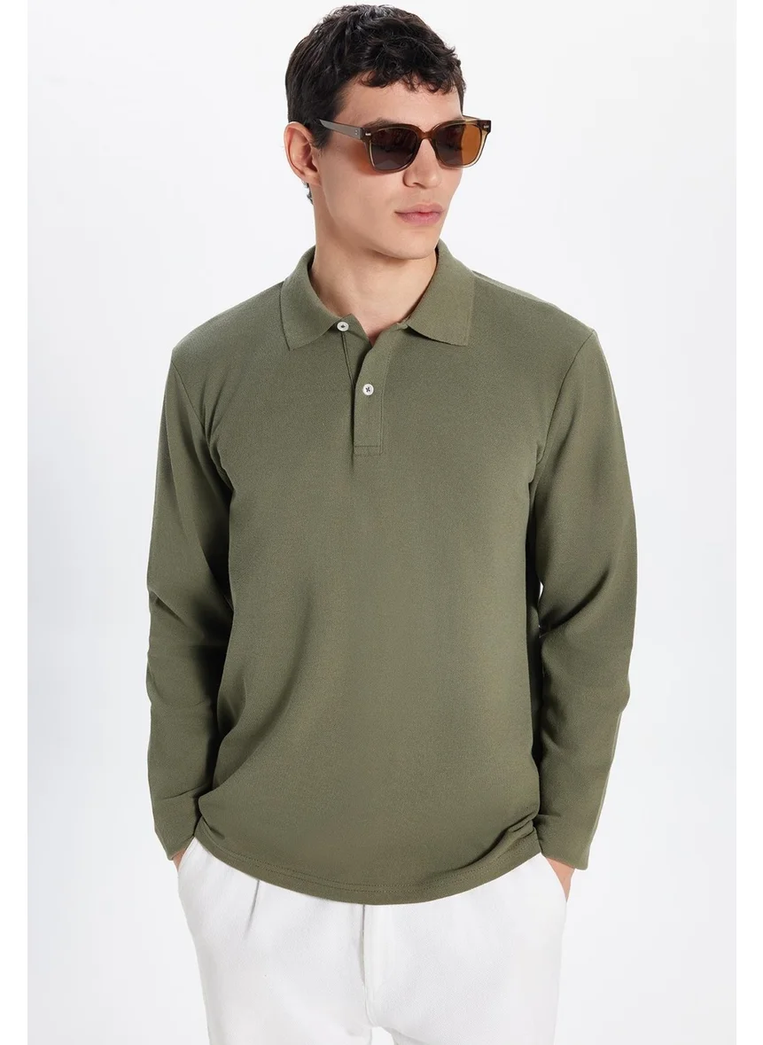 Tudors Men's Standard Fit Relaxed Cut Cotton Soft Texture Plain Pique Long Sleeve Khaki Polo Neck T-Shirt