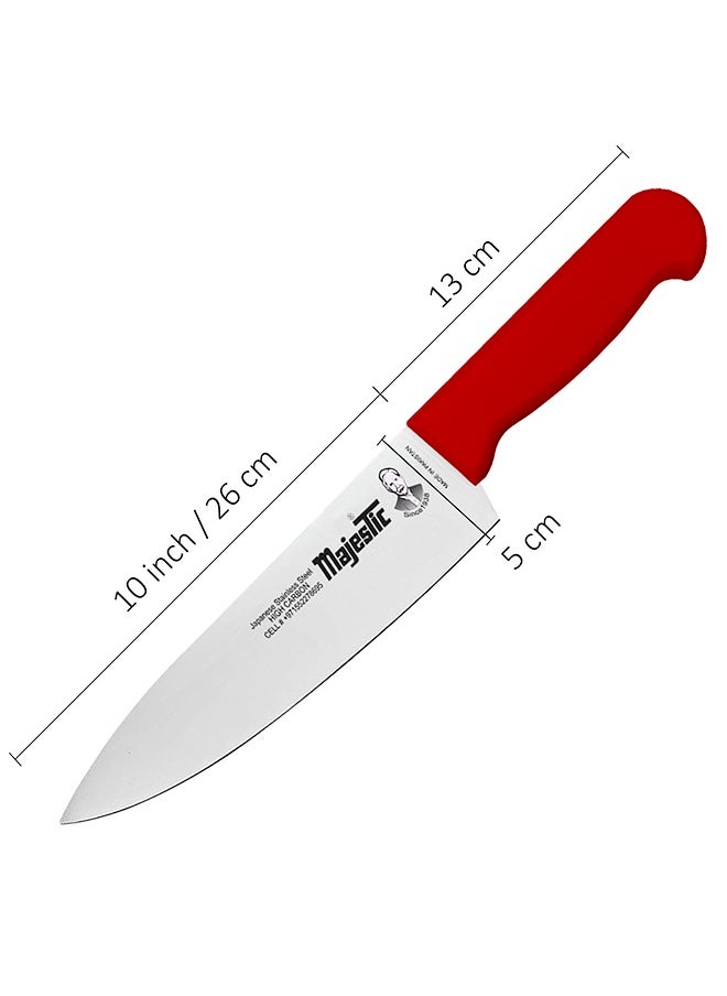 Majestic 10-Inch Chef Knife –Red, Japanese High Carbon Stainless Steel, Razor-Sharp Edge, Ergonomic Non-Slip Handle, Safe Bolster & Heel – Ideal for Precision Cutting, Chopping, Slicing & Dicing – Dishwasher Safe
