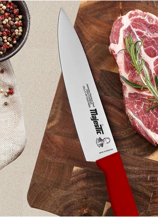 Majestic 10-Inch Chef Knife –Red, Japanese High Carbon Stainless Steel, Razor-Sharp Edge, Ergonomic Non-Slip Handle, Safe Bolster & Heel – Ideal for Precision Cutting, Chopping, Slicing & Dicing – Dishwasher Safe