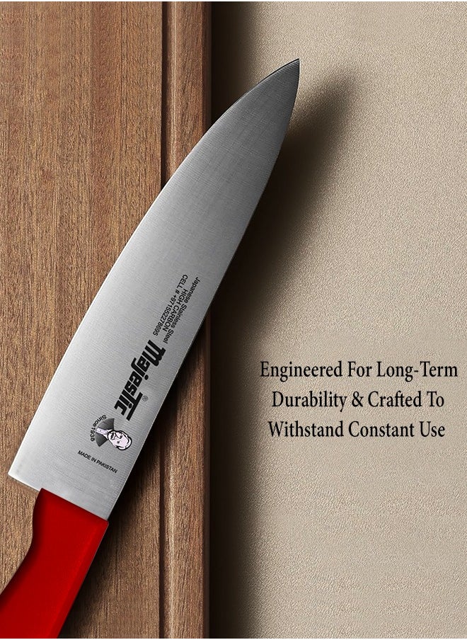 Majestic 10-Inch Chef Knife –Red, Japanese High Carbon Stainless Steel, Razor-Sharp Edge, Ergonomic Non-Slip Handle, Safe Bolster & Heel – Ideal for Precision Cutting, Chopping, Slicing & Dicing – Dishwasher Safe