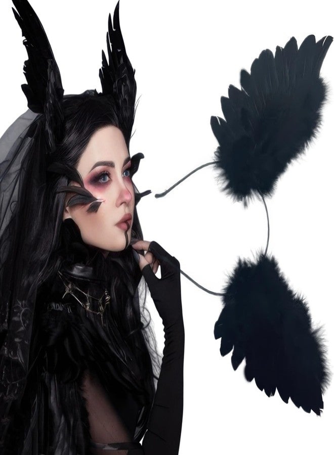 BASEMMAHER Black Feather Headbands 3D Stereo Crow Feather Wings Headband Ballet Style Swan Hair Accessories for Women Girls Bride Wedding Halloween Cosplay Costume Rave Stage Performance Party - Image 1