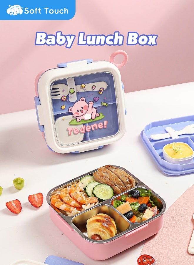 Soft Touch Stainless Steel Baby Lunch Box Portable Baby Food Container with Lid Snack Box with Sauce Cup and Spoon for School Travel Home (17.8*17.8*8.75cm) - Image 1