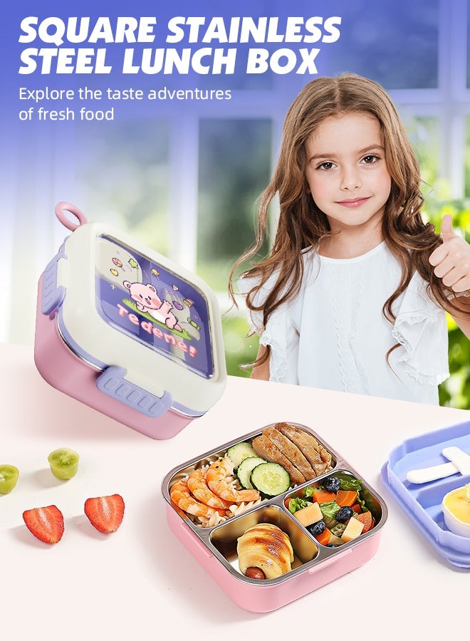 Soft Touch Stainless Steel Baby Lunch Box Portable Baby Food Container with Lid Snack Box with Sauce Cup and Spoon for School Travel Home (17.8*17.8*8.75cm) - Image 3