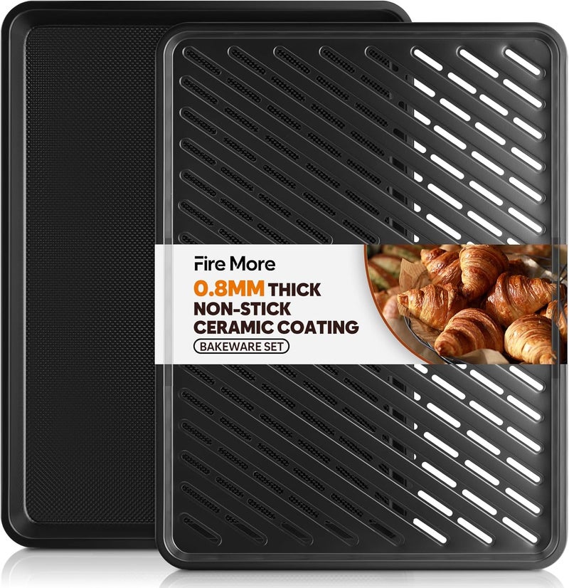 Fire More 2 Pack Half Sheet Pan with Cooling Rack 17.5” x 13”, Cookie Sheets for Baking 0.8mm Thick Non Stick Baking Sheets for Oven Heavy Duty Baking Trays with Diamond Texture - Image 1