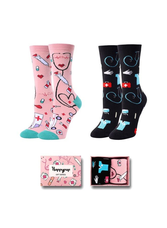 Happy Pop Women's Novelty Medical Crew Socks Funny Nurse Meds Cotton Socks 2 Pack with Gift Box - Image 1