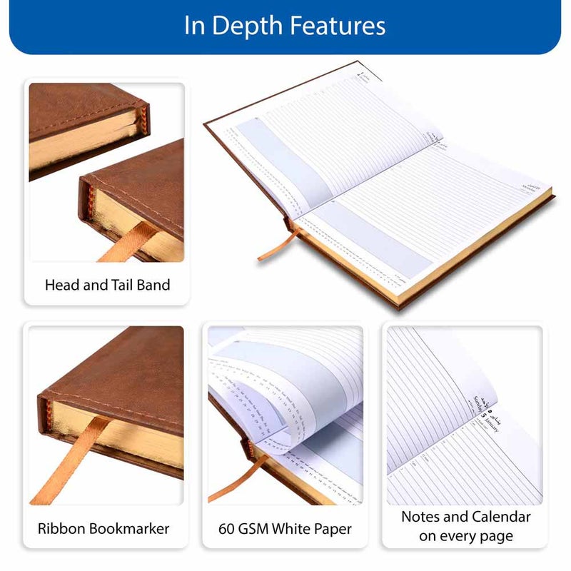 FIS 2026 Golden A4 Diary, 210x297mm, 1 Side Padded & Sewn Vinyl Cover, Gold Gilded Edges, 1 Day a Page Format, Arabic/English, 60gsm White Paper, Brown Cover - FSDI43AEG26BR - Image 5
