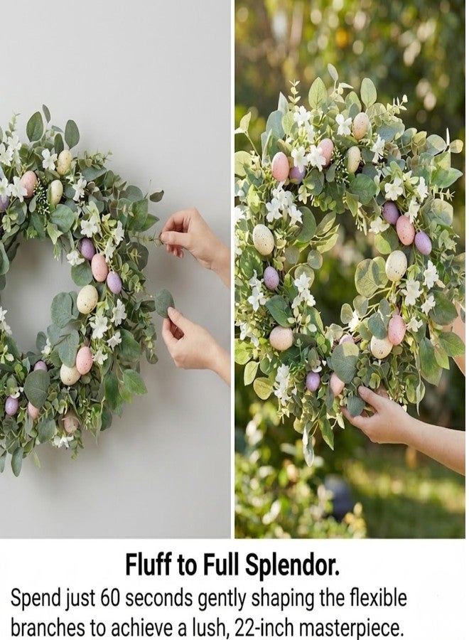 Quixem 22 Inch Easter Wreath for Front Door, Spring Eucalyptus Wreath with Pastel Speckled Eggs & White Jasmine Flowers, Farmhouse Summer Outdoor Holiday Décor - Image 4
