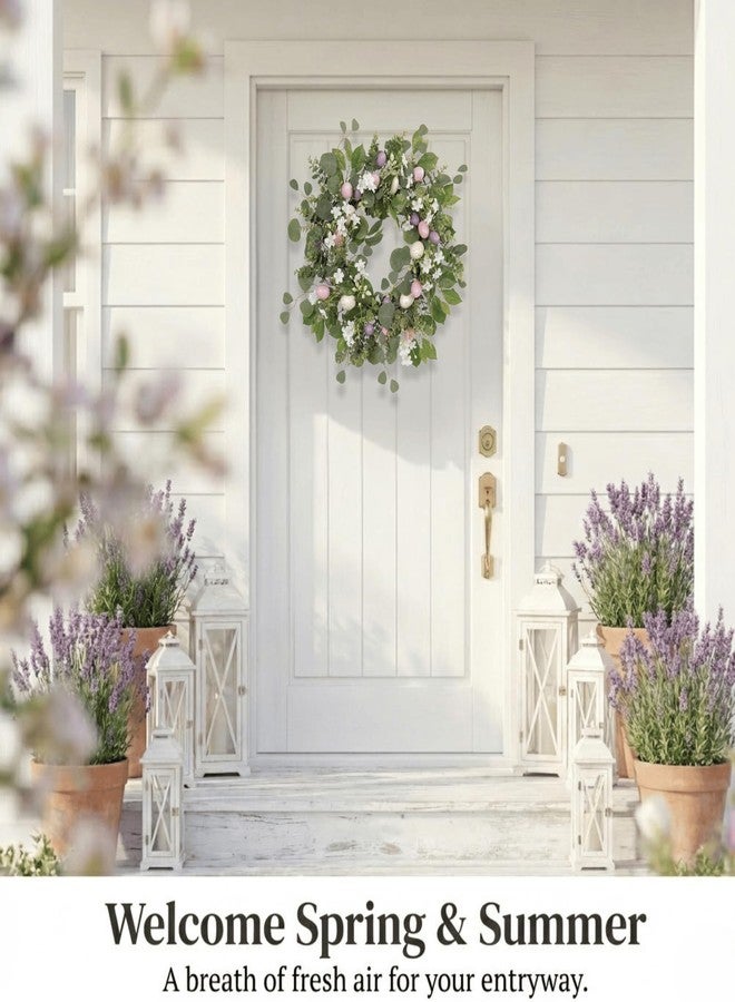 Quixem 22 Inch Easter Wreath for Front Door, Spring Eucalyptus Wreath with Pastel Speckled Eggs & White Jasmine Flowers, Farmhouse Summer Outdoor Holiday Décor - Image 2