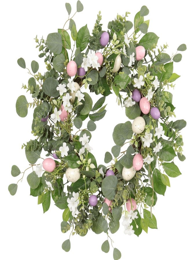 Quixem 22 Inch Easter Wreath for Front Door, Spring Eucalyptus Wreath with Pastel Speckled Eggs & White Jasmine Flowers, Farmhouse Summer Outdoor Holiday Décor - Image 1