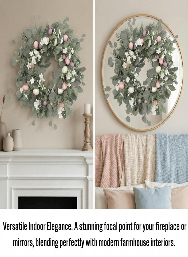 Quixem 22 Inch Easter Wreath for Front Door, Spring Eucalyptus Wreath with Pastel Speckled Eggs & White Jasmine Flowers, Farmhouse Summer Outdoor Holiday Décor - Image 5