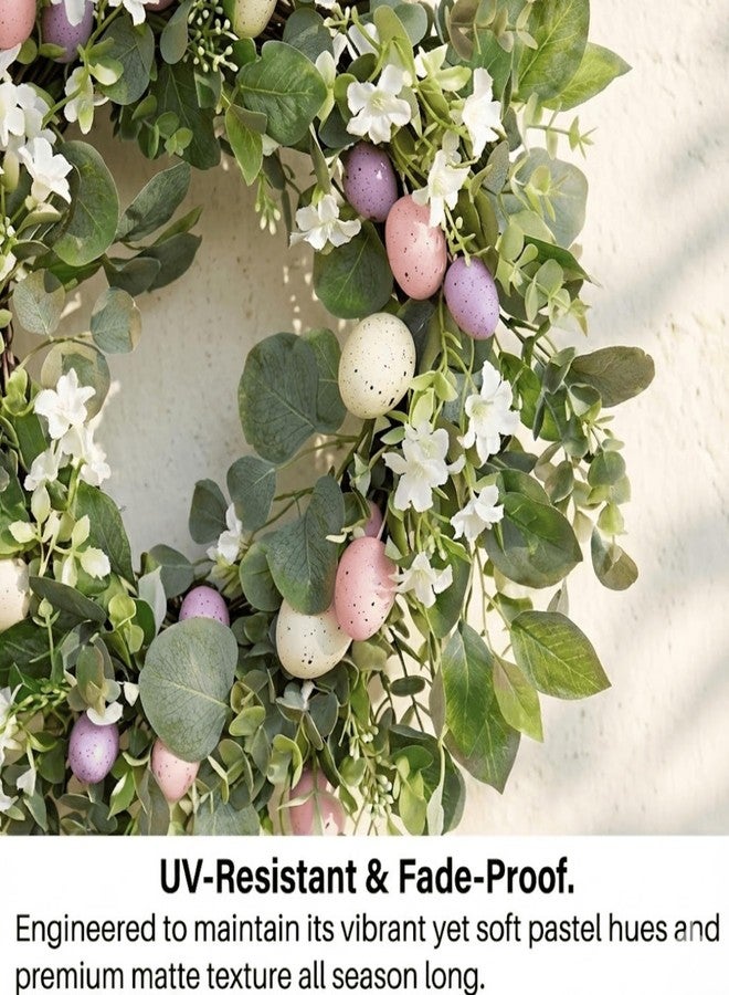 Quixem 22 Inch Easter Wreath for Front Door, Spring Eucalyptus Wreath with Pastel Speckled Eggs & White Jasmine Flowers, Farmhouse Summer Outdoor Holiday Décor - Image 3
