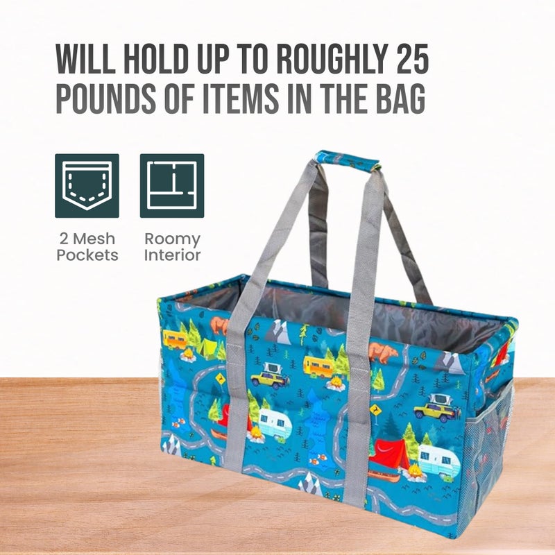 Lucazzi Extra Large Utility Tote Bag - Oversized Collapsible Reusable Wire Frame Rectangular Canvas Basket With Two Exterior Pockets For Beach, Pool, Laundry, Car Trunk, Storage - Camping - Image 4