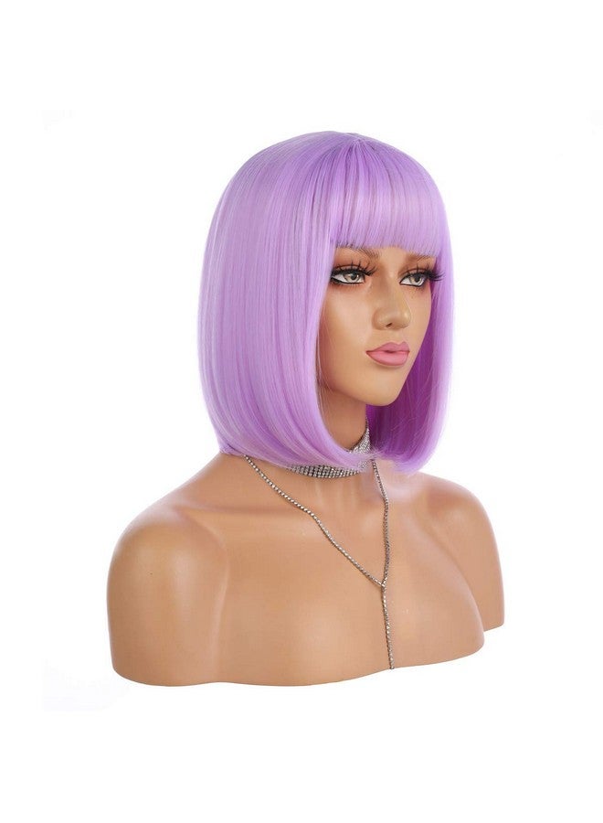 eNilecor Short Bob Hair Wigs 12" Straight With Flat Bangs Synthetic Colorful Cosplay Daily Party Wig For Women Natural As Real Hair+ Free Wig Cap (Lavender Purple) - Image 4