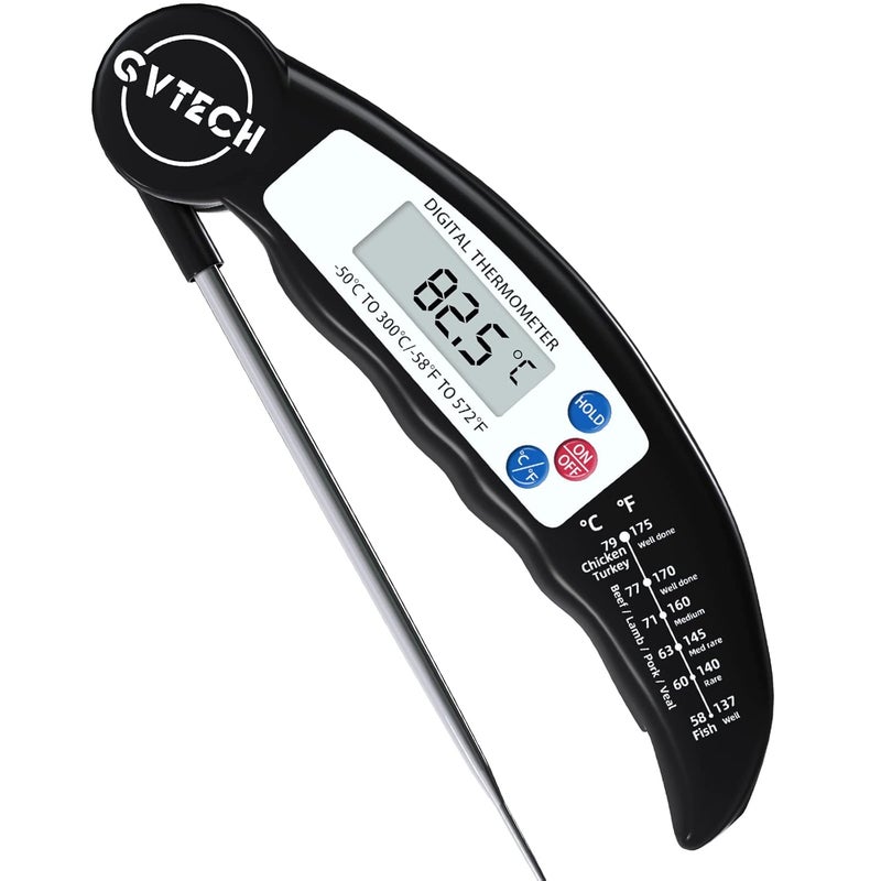 GVTECH Digital Instant Read Meat Thermometer, Foldable Long Probe, °F/°C, Auto On/Off, Perfect for Kitchen Smoker Grill BBQ Water Milk Jam Hot Beverage (Black) - Image 1