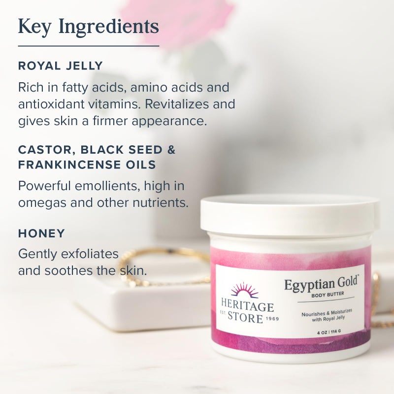 HERITAGE STORE Egyptian Gold Body Butter, Body Moisturizer for Dry Skin Care, Nourishes and Hydrates with Royal Jelly, Castor Oil, Black Seed Oil, Frankincense, Natural Honey and Propolis, 4oz - Image 3