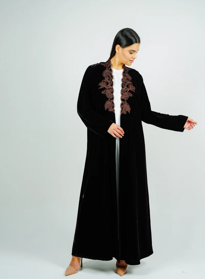 Rosette Abaya  Luxurious velvet abaya with  embroidery on the neckline for Women | Best Price UAE