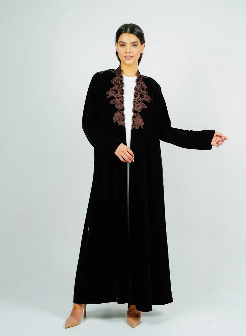 Rosette Abaya  Luxurious velvet abaya with  embroidery on the neckline for Women | Best Price UAE
