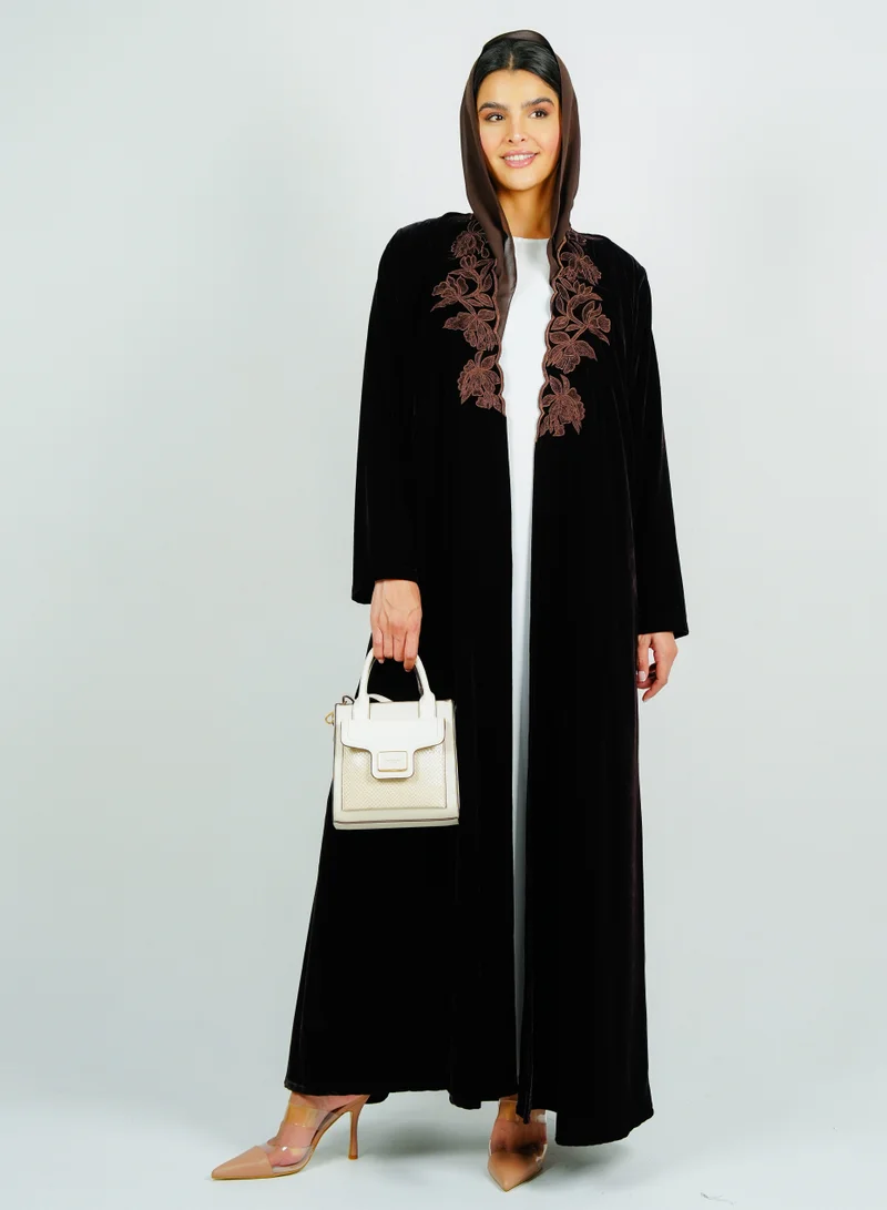 Rosette Abaya  Luxurious velvet abaya with  embroidery on the neckline for Women | Best Price UAE