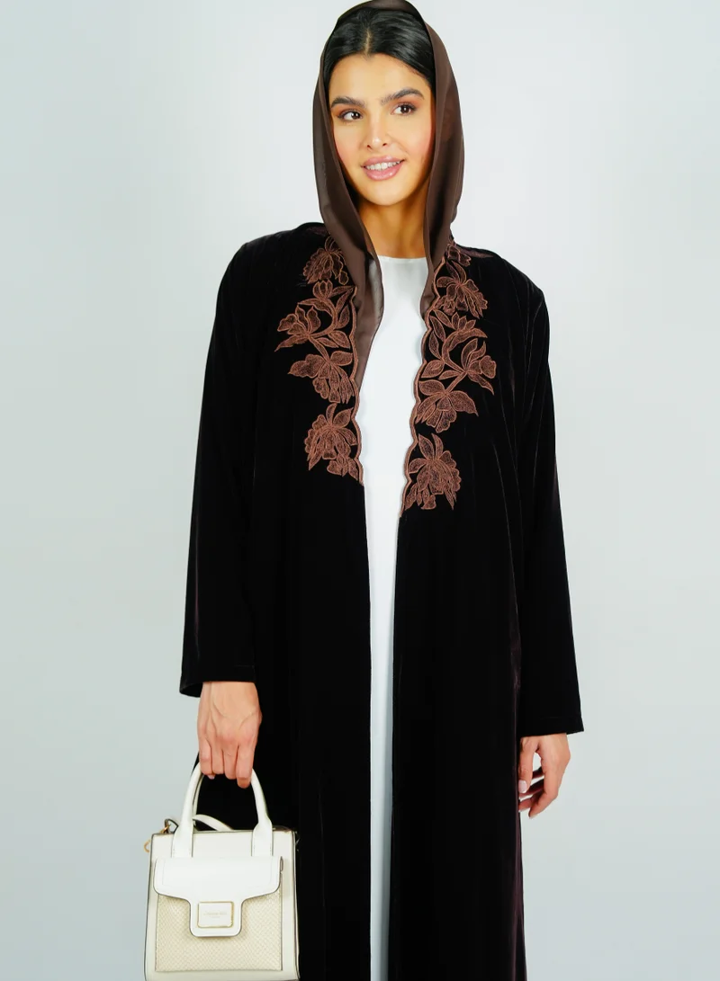 Rosette Abaya  Luxurious velvet abaya with  embroidery on the neckline for Women | Best Price UAE