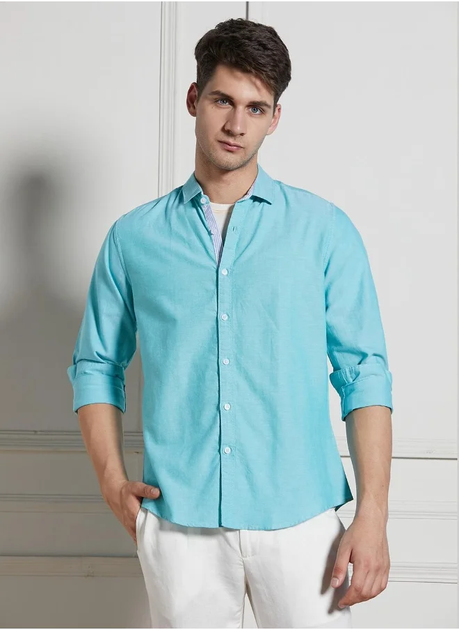 دينيس لينغو Regular Fit Green Shirt for Men - 100% Cotton Fabric, Solid Color, Spread Collar, Full Sleeves, Casual Look,