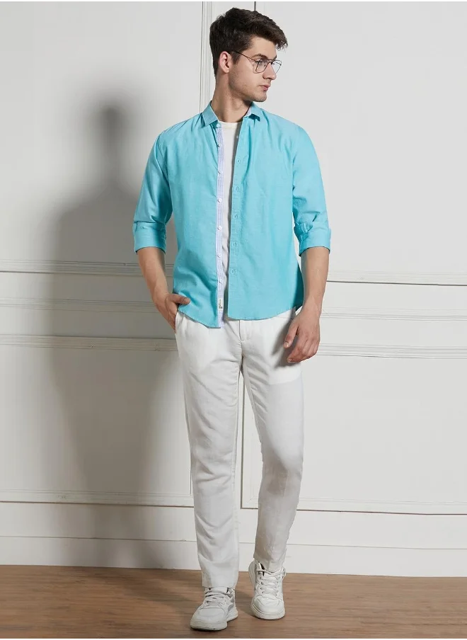 دينيس لينغو Regular Fit Green Shirt for Men - 100% Cotton Fabric, Solid Color, Spread Collar, Full Sleeves, Casual Look,