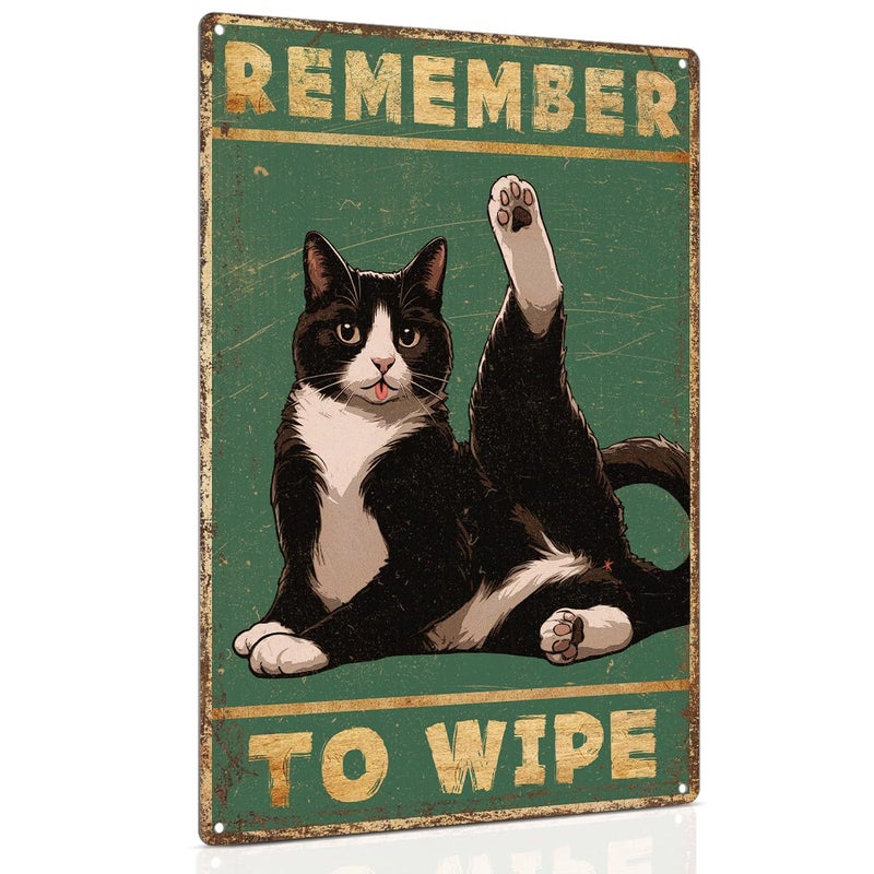 ALKB علامة قطة الحمام ALKB - تذكر أن تمسح - هدية محبي القط 8x12 بوصة عتيقة لافتة معدنية لزخارف الحمام - Image 1