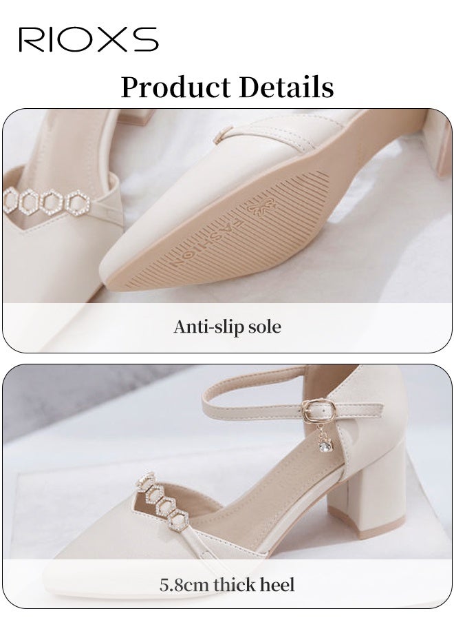 RIOXS Women's Heels, Closed Pointed Toe Chunky Block Heels, Mary Janes Dress Shoes For Women, Classic Ankle Strap Pumps, Thick Heels Dressy Shoes, Comfy Ladies Pumps With Buckle, Fashion Heeled Shoes For Office/ Party/ Casual/ Wedding/ Shopping/ Vacation  - Image 5