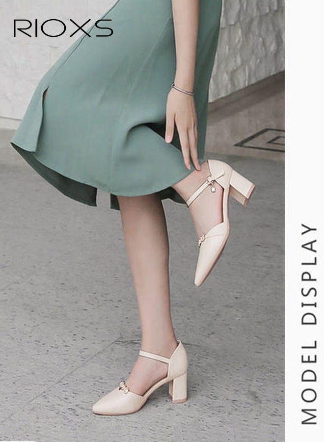 RIOXS Women's Heels, Closed Pointed Toe Chunky Block Heels, Mary Janes Dress Shoes For Women, Classic Ankle Strap Pumps, Thick Heels Dressy Shoes, Comfy Ladies Pumps With Buckle, Fashion Heeled Shoes For Office/ Party/ Casual/ Wedding/ Shopping/ Vacation  - Image 3