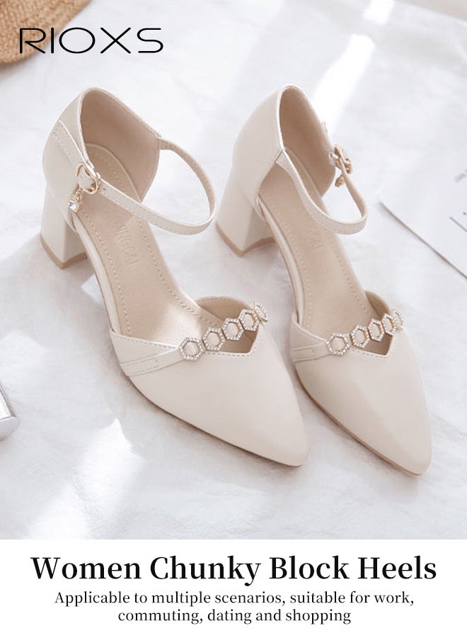 RIOXS Women's Heels, Closed Pointed Toe Chunky Block Heels, Mary Janes Dress Shoes For Women, Classic Ankle Strap Pumps, Thick Heels Dressy Shoes, Comfy Ladies Pumps With Buckle, Fashion Heeled Shoes For Office/ Party/ Casual/ Wedding/ Shopping/ Vacation  - Image 2
