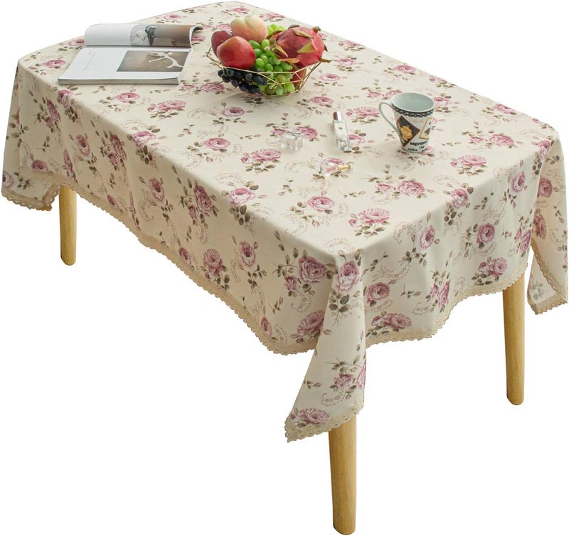 YEESSION Floral Print Rectangle Tablecloth 52 x 70 Inch Stain Resistant and Waterproof Wine Table Cover for Kitchen Dining Indoor Outdoor Buffet Tabletop Decoration (Beige) - Image 1