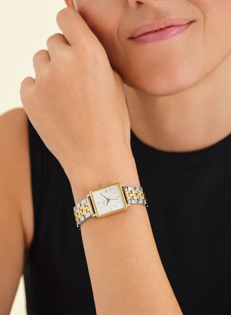 RoseField Rosefield Boxy XS White Sunray Steel Silver Gold Duo Women Watch- QMWSSG-Q023