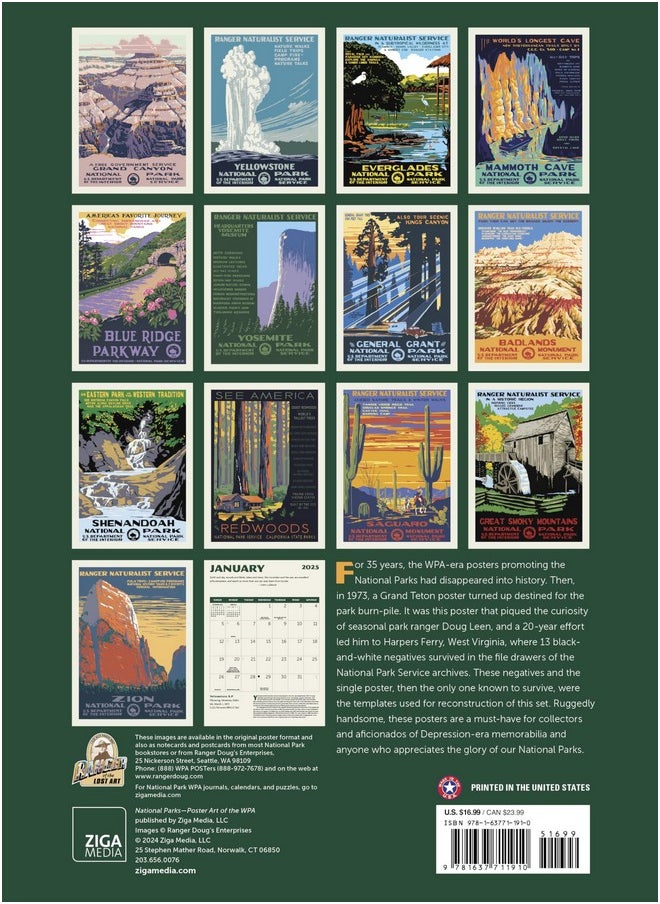 Ziga Media National Parks Grid Wpa Wall Calendar 2025, Monthly January-December 8.75'' X 12" (Made In Usa) Multicolor  - Image 2