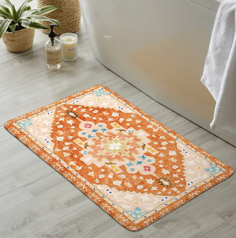 Uphome Boho Tribal Bathroom Rugs Orange Cute Floral Bathroom Mat Non-Slip Machine Washable Bath Rug Soft Oriental Bath Mats for Bathroom Decor for Sink Shower Doormat Tub  20x31 inch - Image 1