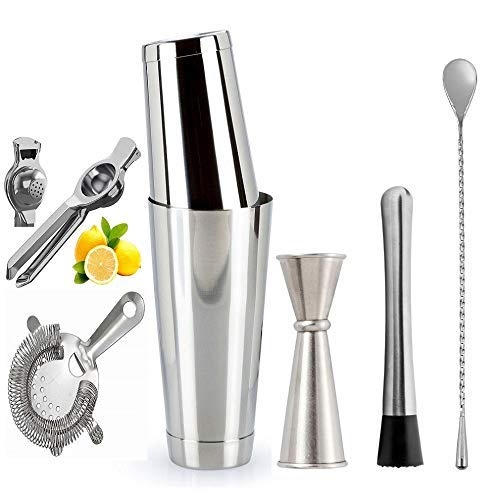 NJ Professional Bartender Tool Set,Boston Shakers,Hawthorne Strainer,Japanese Jigger, Muddler,Teardrop Spoon,Lemon Squeezer with Opener, Bartender Home Bar Cocktail Maker Set : 07 Pcs Set - Image 1
