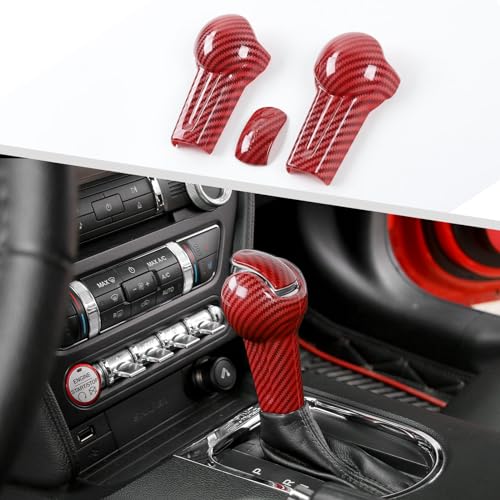 Jimen Compatible with Ford Mustang 20152023 3PCS Gear Shift Knob Overlay Cover Interior Trim Kits Red Carbon Fiber - Image 1