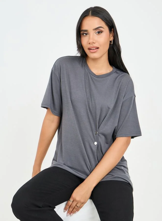 ستايلي Oversized Button Detail T-Shirt with Short Sleeves