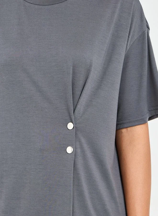 ستايلي Oversized Button Detail T-Shirt with Short Sleeves
