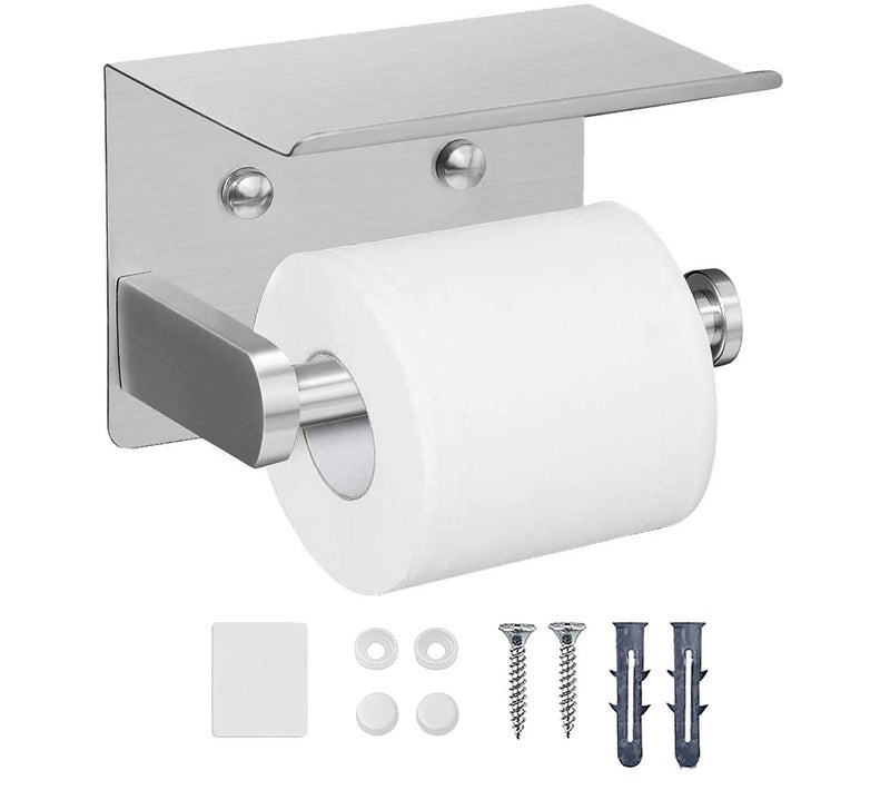 XDerlin XDerln Self Adhesive Toilet Paper Holder with Phone Shelf SUS 304 Stainless Steel Paper Roll Holder  Wall Mounted Toilet Paper Roll Holder Adhesive Or Drilling Tissue Roll Holder with Shelf 