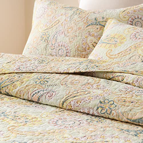 ENASAL Cotton Bedspread Quilt Sets, Reversible Bedding Coverlet Sets Comforter, Floral Paisley Bedspread (Yellow, King Size) - Image 3