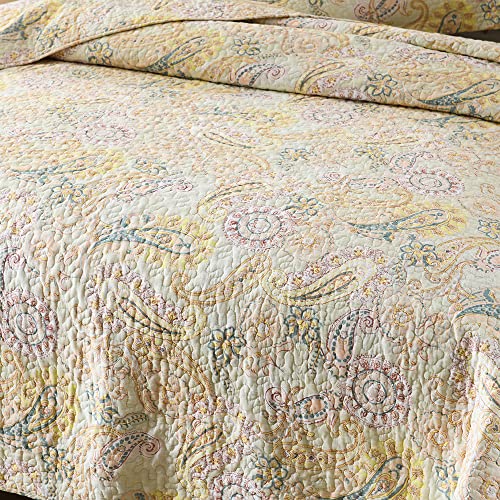 ENASAL Cotton Bedspread Quilt Sets, Reversible Bedding Coverlet Sets Comforter, Floral Paisley Bedspread (Yellow, King Size) - Image 4