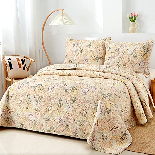 ENASAL Cotton Bedspread Quilt Sets, Reversible Bedding Coverlet Sets Comforter, Floral Paisley Bedspread (Yellow, King Size) - Image 2
