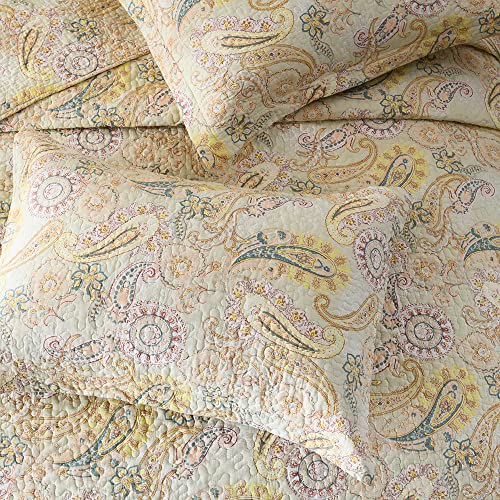 ENASAL Cotton Bedspread Quilt Sets, Reversible Bedding Coverlet Sets Comforter, Floral Paisley Bedspread (Yellow, King Size) - Image 5