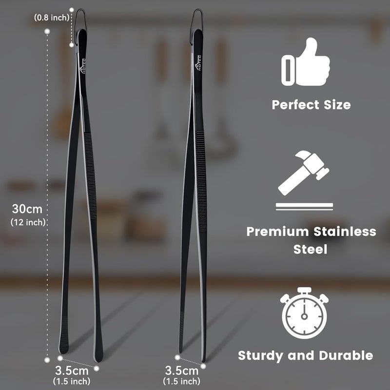 hotec Kitchen Tweezers Tongs Stainless Steel Professional Chef Tweezers, Set of 2-12inch Extra-Long Food Tongs for Cooking,Grill and Baking - Image 2