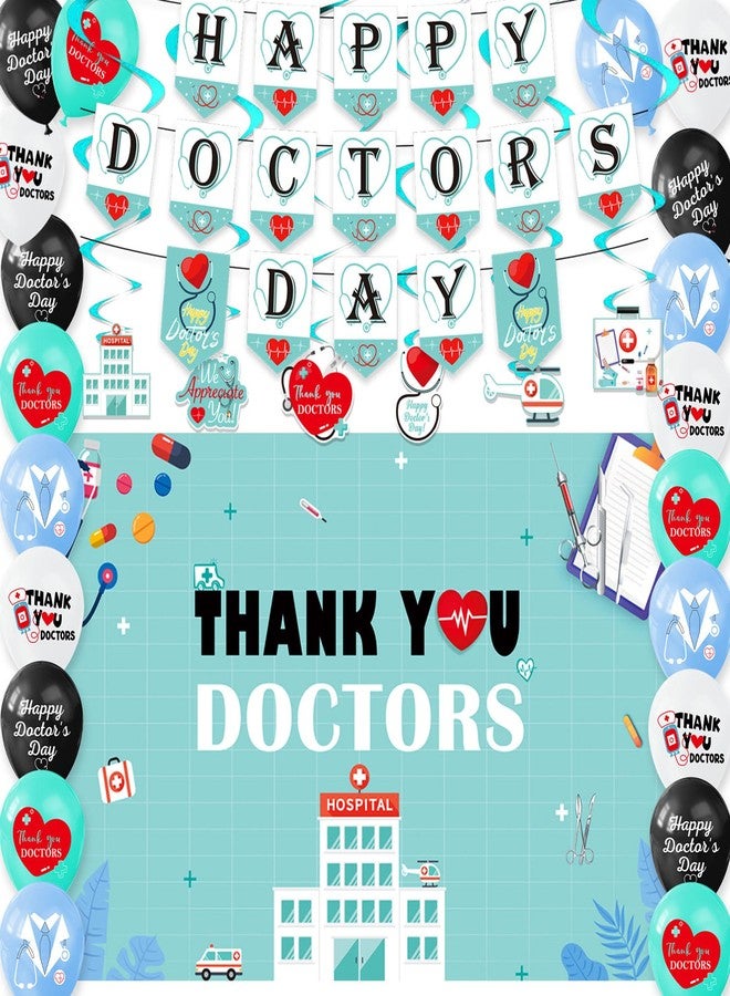 IRCOR Doctors Day Decorations Happy Doctors Day Decorations with Banner Backdrop Balloons & Hanging Swirls - Image 1