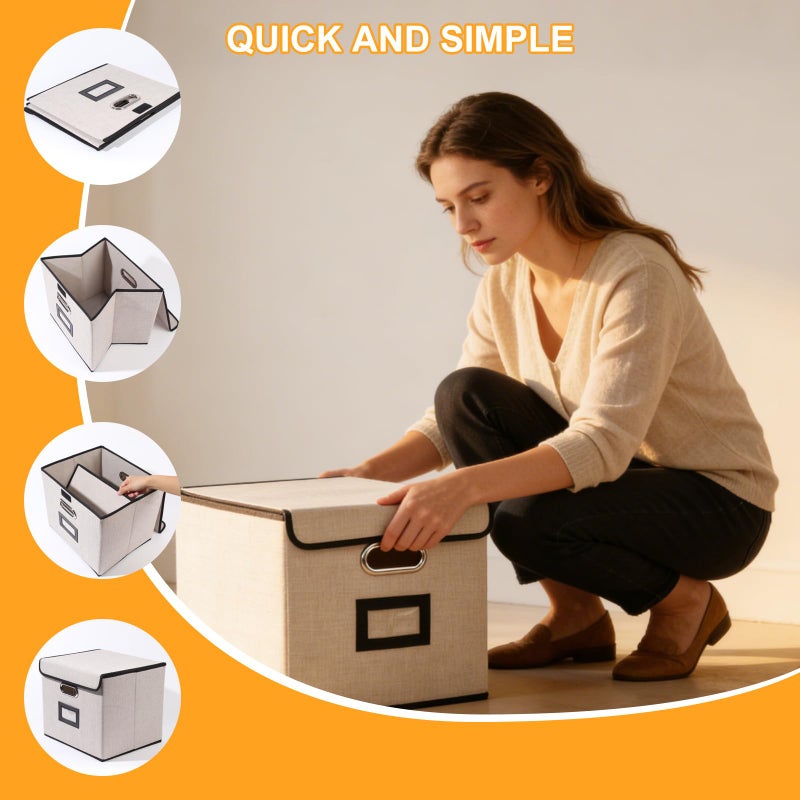 Tcbelosion Large Square Storage Bin with Lid, Foldable Organizer Box with Handles & Label Design, for Office, Closet, Home, Documents, Grey, 12.20 x 10.63 x 10.63 Inches, 1 Pack - Image 5