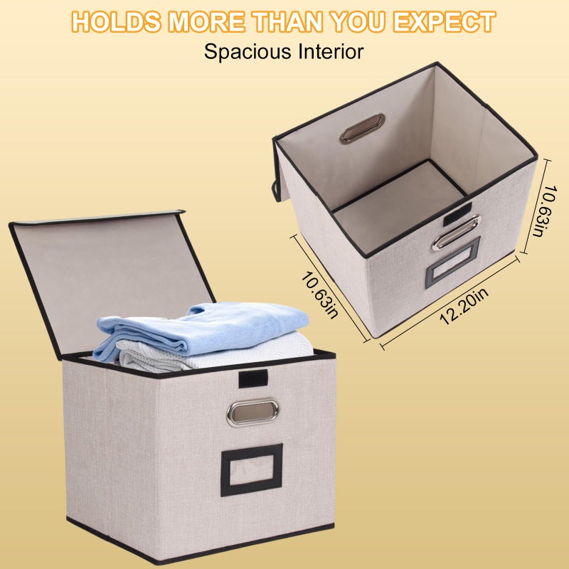 Tcbelosion Large Square Storage Bin with Lid, Foldable Organizer Box with Handles & Label Design, for Office, Closet, Home, Documents, Grey, 12.20 x 10.63 x 10.63 Inches, 1 Pack - Image 3