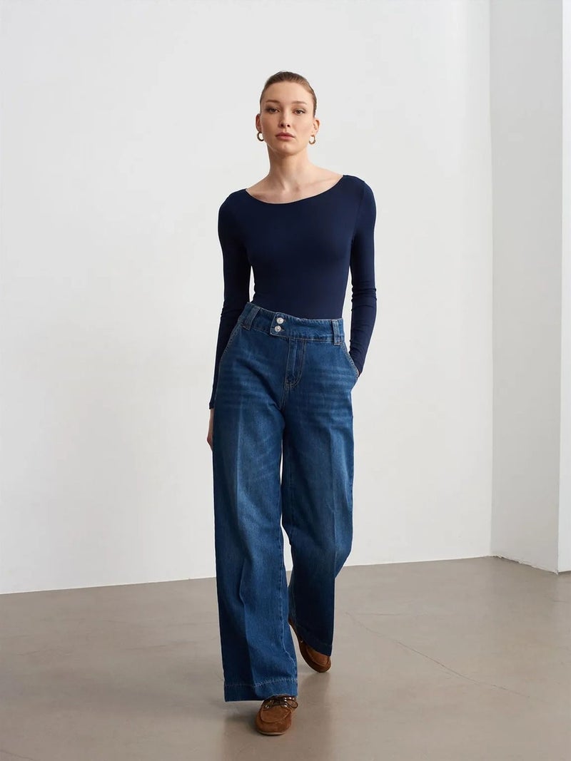 DILVIN High Waist Wide Leg Cotton Denim Jeans - Image 4
