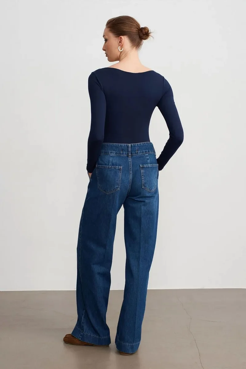 Dilvin Mid Blue Denim DILVIN High Waist Wide Leg Cotton Denim Jeans for Women | Best Price UAE