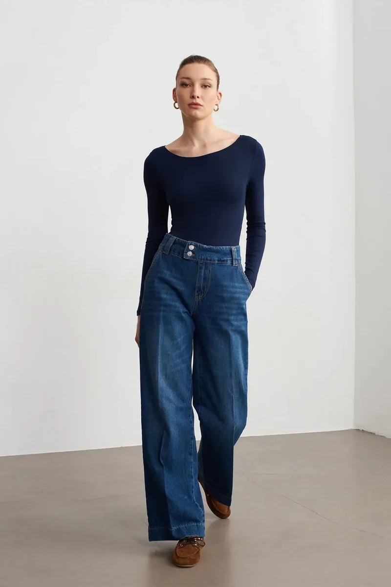 Dilvin Mid Blue Denim DILVIN High Waist Wide Leg Cotton Denim Jeans for Women | Best Price UAE